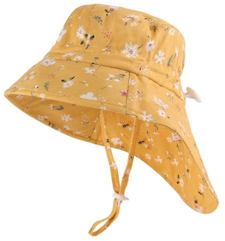 LACOFIA Baby Sonnenhut Mädchen Baumwolle Kleinkind UV Sommer Mütze Verstellbarem Kinder Breiter Krempe Strand Cap Fischerhut mit Bindebändern und Nackenschutz Gelb 6-18 Monate