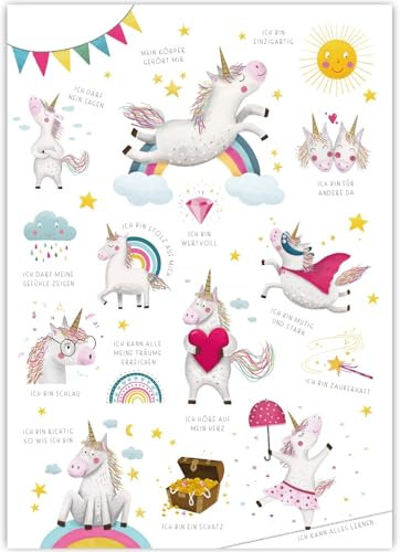 Naturforscher Rüsselfuchs Einhorn Affirmationsposter für Mädchen - Poster DIN A3 - Achtsamkeit für Kinder - Dekoration Kinderzimmer Einhörner - Schulkind (Grundschule) und Kindergarten - Kita