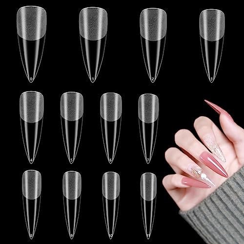 MWOOT 120 Pièces Pointes d'Art d'Ongles de Stiletto Long, Long Stiletto Nail Tips, Presse Acrylique sur Ongle en Pleine Couverture, d'Extension d'Ongle avec Boîte pour Manucure (12 Tailles, Semi-mat)