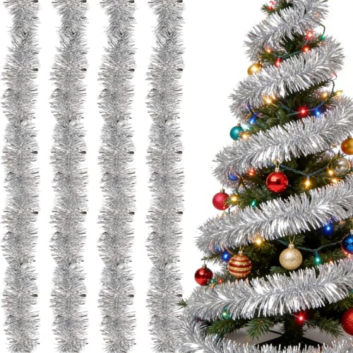 4X Lametta Girlande Silber (Je 2m) – Dichte Weihnachtsbaum Girlande für Winterzauber-Optik | Funkelnde Christbaum G-irlande als Weihnachtsbaumschmuck, 9cm Breit & Wiederverwendbar