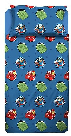 Avengers Double Bed Sheet, Complete Bed, Top Sheet, Fitted Sheet, Pillowcase, Blue, Marvel, Disney, 100% Cotton, Official Product