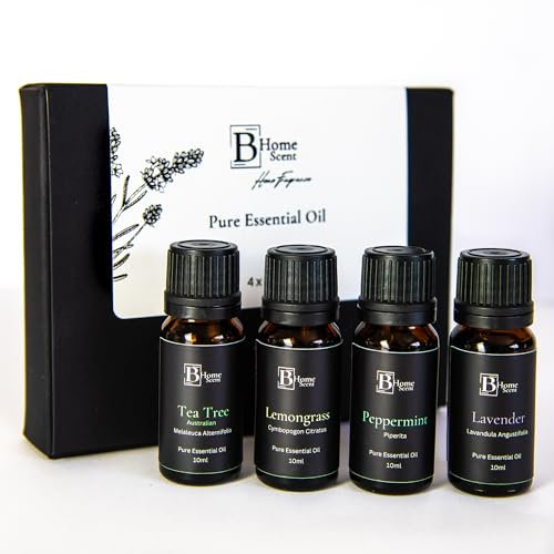 Bhomescent Essential Oil Set (4 x 10ml) – Boost Your Well-Being with Natural Aromatherapy for Relaxation, Cleaning & Refreshing Spaces: Lavender, Tea Tree, Lemongrass & Peppermint