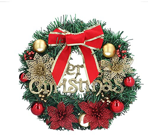 UIYIHIF Weihnachtskranz, 30,5 cm, Künstlicher Feiertagskranz mit Kugeln, Blumen und Roter Schleife, Kleiner Weihnachts-Türkranz für Haustür, Feiertagswand, Weihnachtsparty-Dekoration