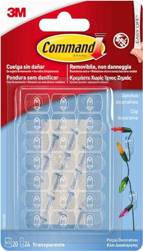 Command Mini Ganchos Decorativos, 20 Clips Transparentes y 24 Tiras Adhesivas - Para Colgar Luces y otros Adornos Sin Dejar Marcas y Sin Taladrar