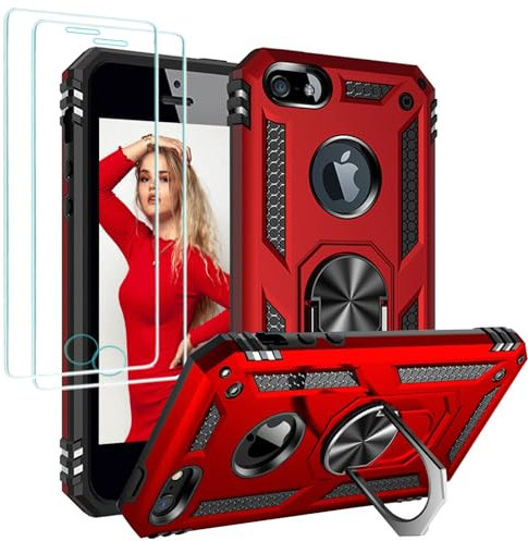 Jeylly Phone Case for iPhone SE 2016 (1st gen), iPhone 5/5S Case with 2Pcs HD Screen Protector, Military Grade Drop Protection Magnetic Ring Stand Holder Rugged Cover for Girls Boys Kids, Red/Black