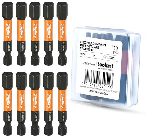 toolant 5/16 Impact Hex Bits Set 10pcs, 1/4” Hex-Shank Allen Wrench Drill Bit Set, S2 Steel, CNC Machined Tips with Magnetism, 2” Long with Storage Box