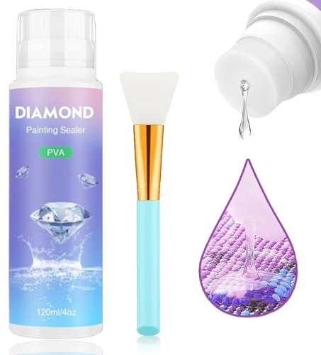Diamond Painting Sealer - 120ml Quick Drying DIY Art Glue with Sponge Head and Brush - Fixes Diamonds for Permanent Shine