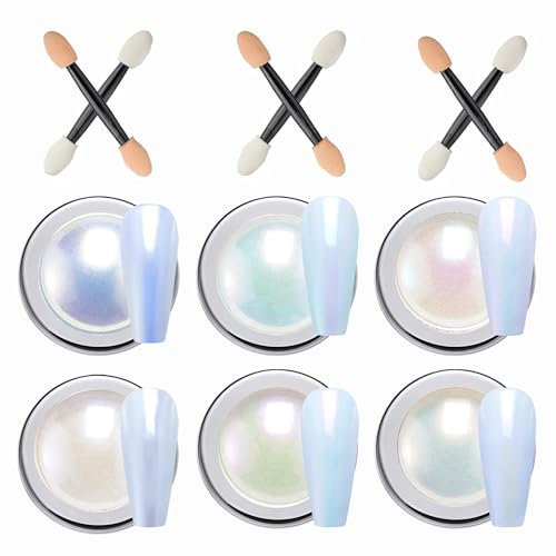 Wahrshei 6 White Shimmer Nail Powder, Chrome Pearl Pulver Nägel mit Spiegeleffekt, Pearl Chrome Puder, Pearl Effect Powder für Glazed Donut Nails