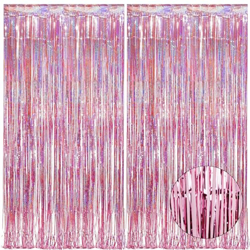 Auliuse 2Pcs 3.3×6.6ft Tinsel Curtain Pink Glitter Party Decorations Curtain Backdrop Streamers Foil Fringe, Metallic Tinsel Foil Curtains Background Streamers for Wedding Baby Shower Birthday