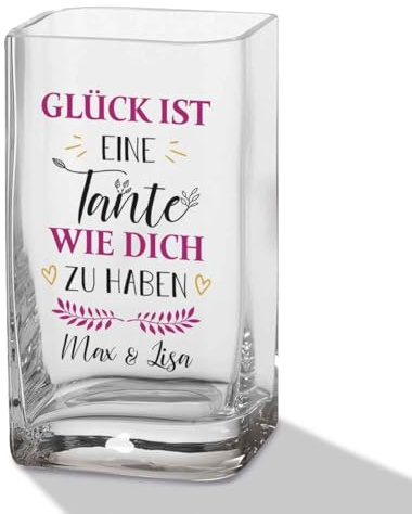 GRAVURZEILE Blumenvase mit UV Druck - Glück ist eine Tante - Personalisiert mit Namen - Moderne Vase aus Glas - Personalisierte Geschenke für Frauen - Deko Geschenkidee zum Geburtstag - 20x11cm