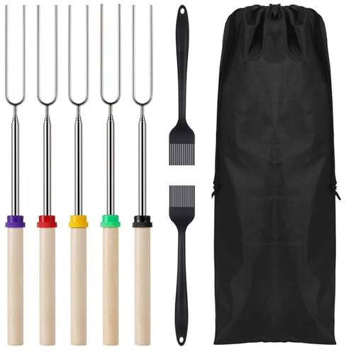 5pcs fourchettes de barbecue Marshmallow Barbecue Télescopique en Acier 2 brosse à huile barres en acier Fourches parfaites pour Guimauve Hot Dog