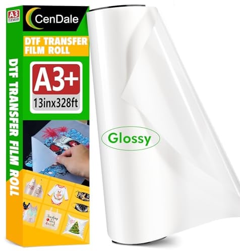CenDale DTF Folienrolle, glänzend, A3+, DTF-Transferfolie, Heiß- und Kaltabziehfolie, 33 cm, einseitig, transparent, DTF-Papierrolle für dunkle und helle T-Shirts (33 cm x 100 m, glänzend)