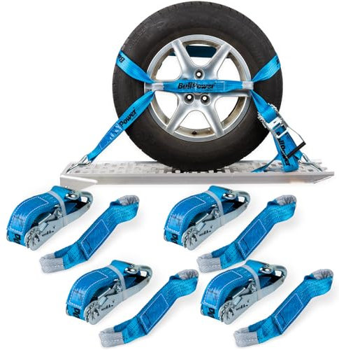 4X BullPower Spanngurte AZG251 - Autotransport PKW Zurrgurte Reifengurte Transportsicherungen 50mm - LC 4000 kg/daN mit Trapezband, Ratsche und Haken