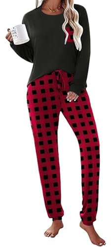 Ekouaer Pyjama Femme Hiver Vêtements De Nuit Chaud Pyjama 2 Pièces Cordon de Serrage à La Taille et Poche Carreaux, Rouge à Carreaux, XL
