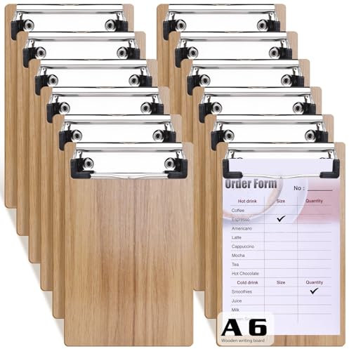 GOEDCH Porte Bloc A6 à Pince en Bois: 12 Pièces Planchettes à Pince avec Clip et Trou de Suspension, Planche à Ecrire avec Clips Métalliques Porte Pince, Porte-Formulaires pour Notes, Formulaires