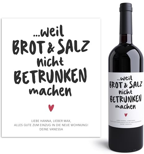 Brot und Salz Weinetiketten personalisiert als Einzugsgeschenk 2 Stk. | Personalisiert, selbstklebende Etiketten, 10 x 12 cm, 2 Stück im Set, Brot & Salz zum Einzug