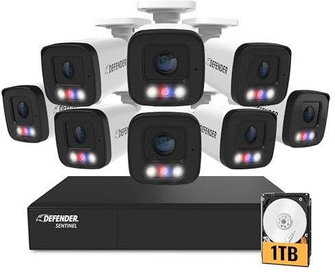 Defender AI Powered Sentinel 4K con cable PoE sistema de cámara de seguridad con 1 TB 8Ch NVR, 6 cámaras de vigilancia al aire última intervensión de metal 8MP/4K, detección humana inteligente de AI,