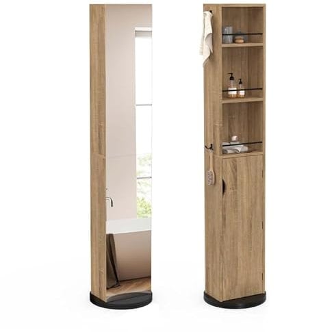 IDMarket - Meuble colonne pivotante de salle de bain avec miroir, placard et étagères hêtre et noir ELIA