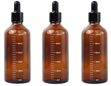 QUUPY 3PCS 100ml 3.4oz Amber Empty Glass Dropper Bottle Boston Round Dropper Bottle with Graduated Scale Essential Oil Perfume Aromatherapy Storage Container Pot Leak Proof Travel Liquid Dispenser