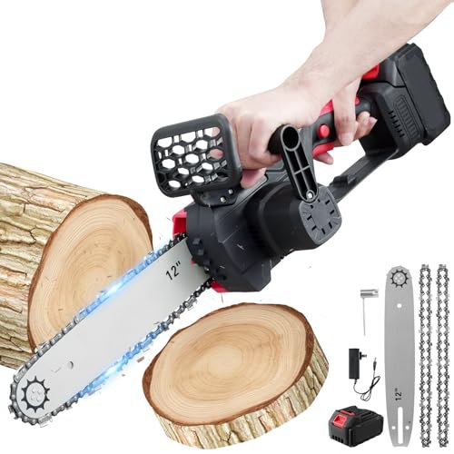 Sararoom 12inch Mini Chainsaw Cordless, 21V Brushless Battery Chainsaw with 3000mAh Battery & Charge, 4500 RPM Handheld Chain Saw with 2 Chains for Branch Pruning Wood Cutting Camping
