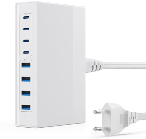 200W USB C Ladegerät Mehrfach, 8 Port Ladestation GaN III Tech Netzteil Schnellladegerät, PD 65W Laptop Ladegerät mit 4 PD USB C und 4 QC USB A Ladestation für iPhone 16 15 14, MacBook, iPad, Samsung