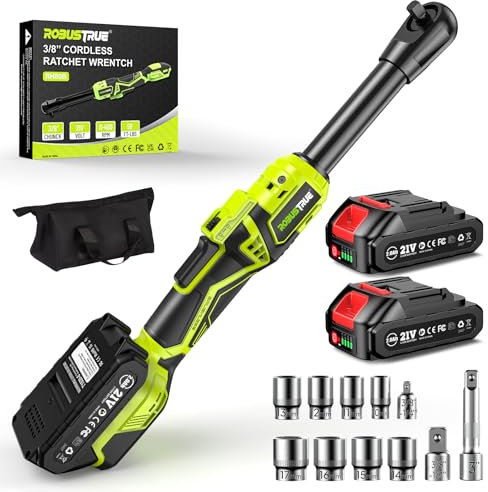 Robustrue 3/8 Cordless Ratchet Wrench, 58Ft-lbs (80N.m) 400RPM Light Weight Electric Ratchet, 6'' Extended Neck, 1x2.0Ah Battery, 8 Sockets, 3 Extension Bar, LED Light (RH80B)
