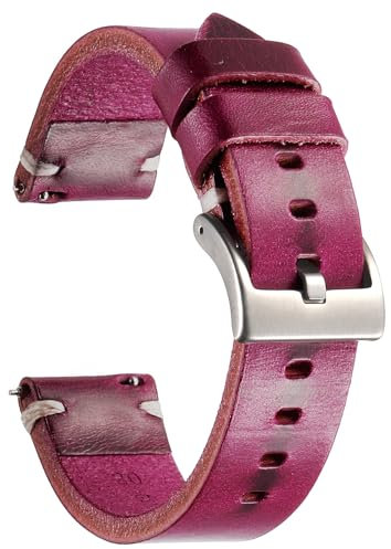 Berfine Rindsleder Uhrenarmband, Retro Handgemacht Vintage Quick Release Dick Leder Uhrenband mit Schnalle aus Edelstahl, Ersatzarmband für Smartwatch Damen Herren 20mm Bordeauxrot