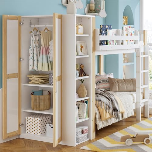 Idemon Letto a castello, Lettino per bambini con protezione laterale e griglia, con scala a 4 livelli, 6 ripiani aperti, armadio laterale, ampio spazio di archiviazione, pino+PB, bianco+naturale
