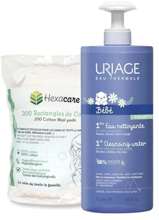 Pack Eau Nettoyante Bébé 1L et 200 cotons 8x10 cm – Visage et Corps dès la Naissance – 98 % d’Origine Naturelle – Testé Sous Contrôle Pédiatrique