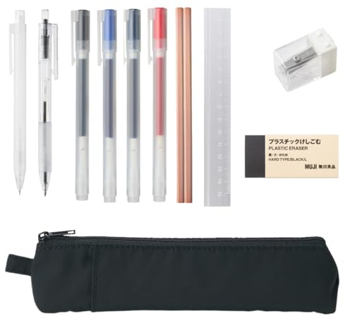 Muji Premium Schreibwaren-Set, 11-teilige Kollektion mit schwarzem Etui, Gelstiften, Bleistiften und Zubehör (mit Gelstiften 0,38 mm)