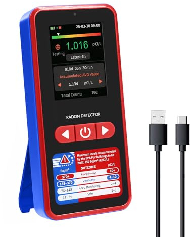 Radon Detector for Home, High Precision Portable Radon Tester with Data Logging, Table-Stand, Alarms, TFT Screen, 2000mAh Rechargeable Battery, pCi/L & Bq/m³ Units, Digital Radon Tester for Basement