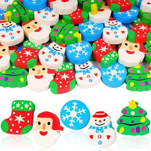 Weihnachten Radiergummi,50 PCS Mini Radiergummis für Kinder,Weihnachtsmann Schneeflocke Schneemann Radierer,Neuheit Radiergummis für Weihnachts Favors