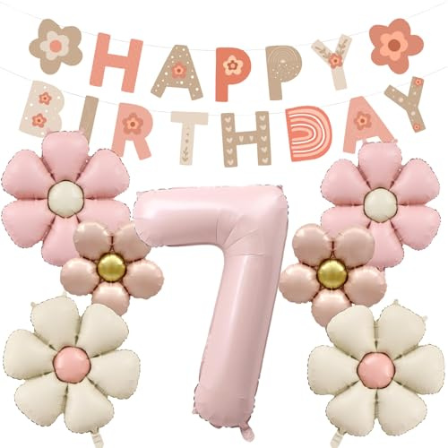 8 Stück Geburtstagsdeko 7 Jahr Mädchen, Gänseblümchen Deko 7 Geburtstag | Gänseblümchen Ballon, Helium Ballon Blume, Feen Deko Kindergeburtstag, für Geburtstag Jubiläum Motto Party