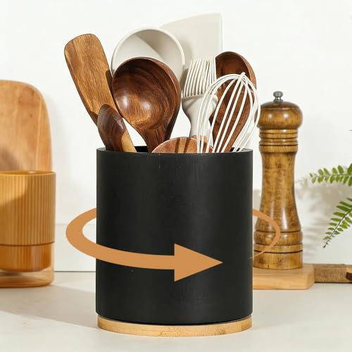 NAVESO Pot Ustensiles Cuisine, Support Ustensiles Cuisine en Bois Rotatif à 360°, Porte Ustensile Cuisines étanche pour Fourchette, Cuillère, Fouet Noir