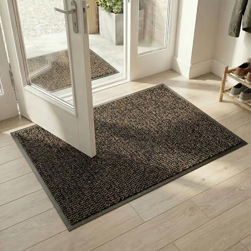HELLSER Fußmatte | Schmutzfangmatte für außen & innen | rutschfest & flach | Oeko-Tex Zertifiziert | Für Haus, Terrasse & Flur | Schwarz-Braun | 90x150 cm