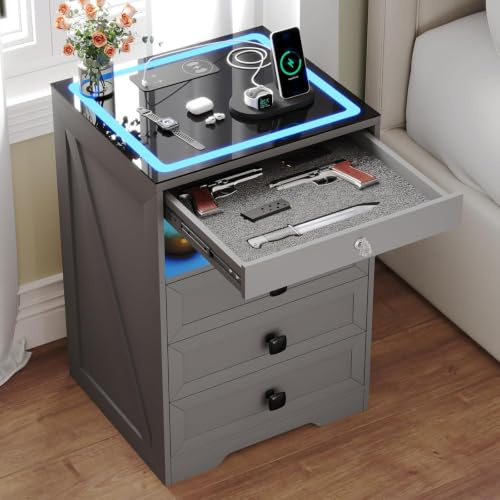 Gurexl Smart Nachttisch mit mit USB Ladefunktion & Kabelloses Laden,LED Nachtschrank mit Bewegungsmelder und Versteckte Schubladen,Intelligent Sideboard mit Glastischplatte für Schlafzimmer,Grau