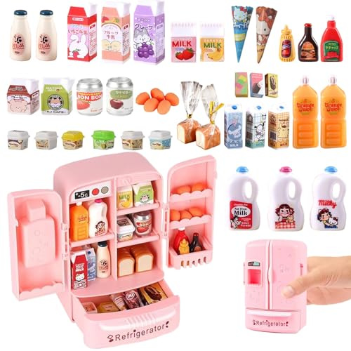 Accesorios de duende, accesorios para casa de muñecas, mini refrigerador de versos juguete con más de 40 mini alimentos, juego de cocina para niños, refrigerador infantil realista con hielo, jugo y
