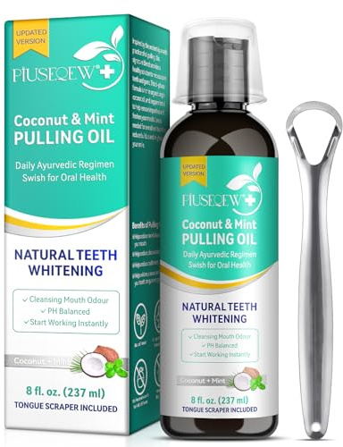 Oil Pulling Mouthwash 237ml – Coconut & Peppermint Oil Mouthwash for Fresh Breath – Alcohol Free Oral Care Mouthwash with Tongue Scraper & Measuring Cup – Daily Mouth Rinse for Teeth & Gums