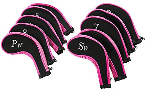 Dilwe Golf Head Covers Set, 10 Pcs Neoprene Golf Club Putter Protective Accessory with Zipper Opening (Pink)