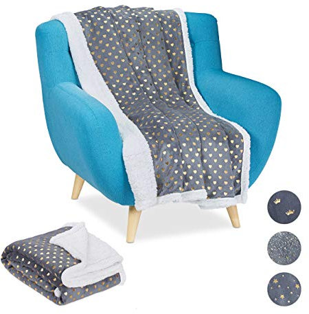 Relaxdays 2 x Kuscheldecke goldene Herzen, zweiseitige Couchdecke, Flauschige Decke mit Lammfelloptik, weich, 150x200cm, grau/weiß