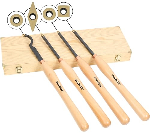 VINWOX 20 Full Size 4 PCS Carbide Wood Lathe Turning Tool Set, Including Swan Neck Hollower, Rougher, Finisher, Detailer, Titanium Coated Carbide Blades 2X Extended Service Life, Beech Wood Handle