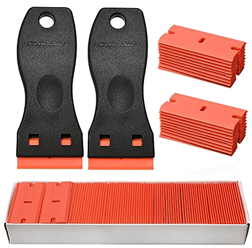 NEWISHTOOL Sticker Removal Tool, Plastic Razor Blade Scraper for Cleaning | 120 Pcs 1.5 Inch Plastic Razor Blades, 2 Pcs Plastic Scraper, Auto Vinyl Wrap Window Tint Adhesive Glue Paint Decal Remover