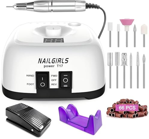 Nail Drill 35,000RPM NAILGIRLS Electric Nail Files Professional Acrylic Nails Gel Nails Manicure Pedicure Polishing Machine for Home and Salon Use with 11 Bits,Foot Pedal,White