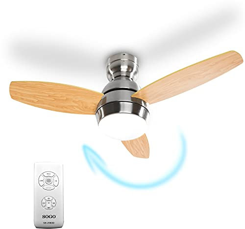 SOGO Ventilador de techo con luz LED de intensidad regulable y mando a distancia con temporizador, bajo consumo, aspas de madera prensada (91cm aspas redondeadas)