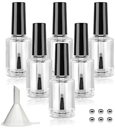Agidea Leere Nagellackflaschen mit Bürstenkappe, 15 ml, leere Glas-Nagellackflaschen mit Rührwerkkugeln und Trichtern, 6 Stück