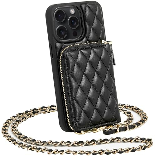 LAMEEKU Compatible with iPhone 13 Pro Max Wallet Case, Crossbody Chain Case Quilted Leather for iPhone 13 Pro Max, 6.7 Inch-Black