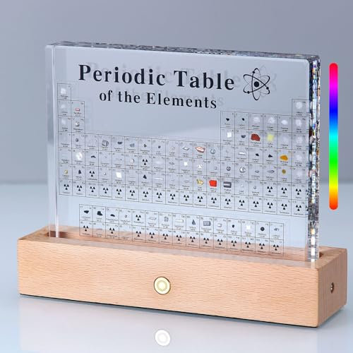 Healand Periodentafel aus Acryl mit echten Elementen, Periodentafel der chemischen Elemente, Anzeige für Dekoration, Handwerk, Studenten, Lehrer, Ständer aus Holz, bunte Lichter, Geschenkbox