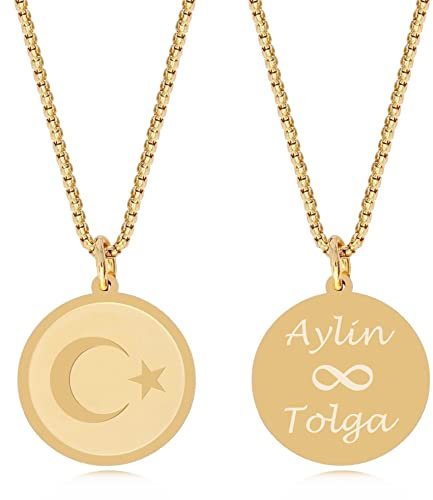 TIMANDO Damen Namenskette Türkei, Ay Yildiz Kette mit Gravur, Anhänger Türkischer Halbmond Stern Flagge, Personalisierte Halskette Namen (goldfarben)
