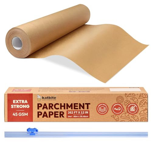 Ungebleichtes Pergamentpapier zum Backen, 30,5 cm x 80 m, 260 m², robustes und antihaftbeschichtetes Backpapier mit Gleitschneider, braunes Pergamentpapier zum Kochen, Luftfritteuse, Dämpfen, Brot