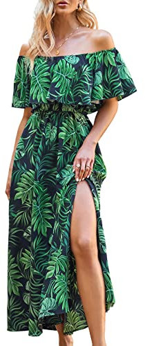 CUPSHE Dress for Women Summer A Shape Dresses Off Shoulder Sleeve Maxi Length Ruffle Fitted Waisted Tropical Printed Green L